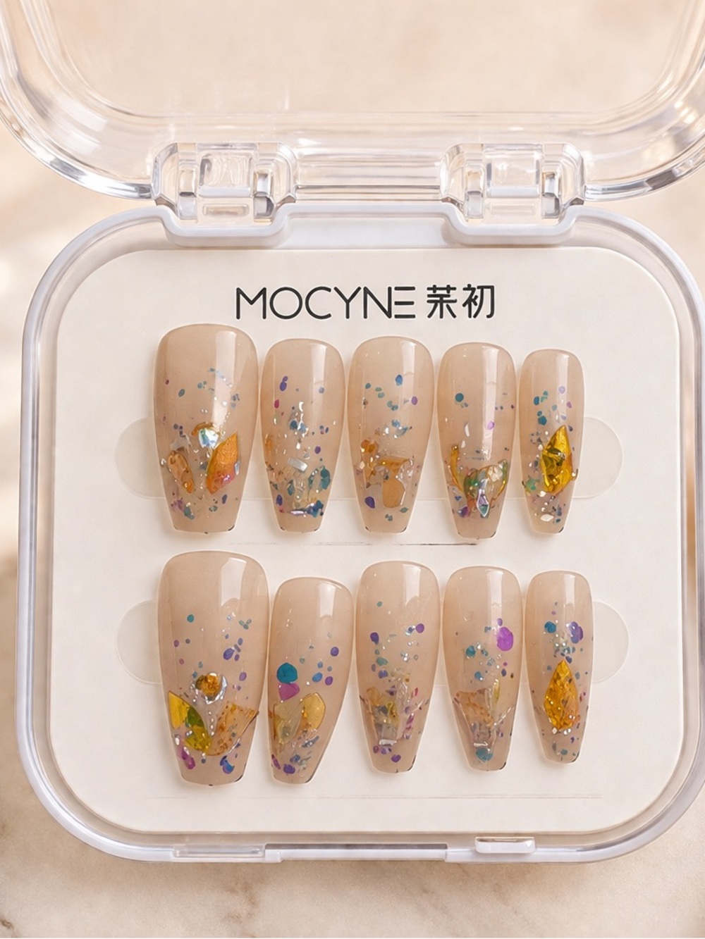 Nude Press-On Nails with Gold Flakes - 24 pieces + Nail Prep Items